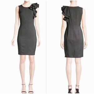 Calvin Klein Sz 8 Gray Ruffle Shoulder Sleeveless Sheath Pencil Dress Career